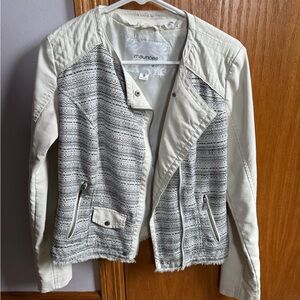 Maurices Cream and Gray Mixed-Media Faux Leather Jacket